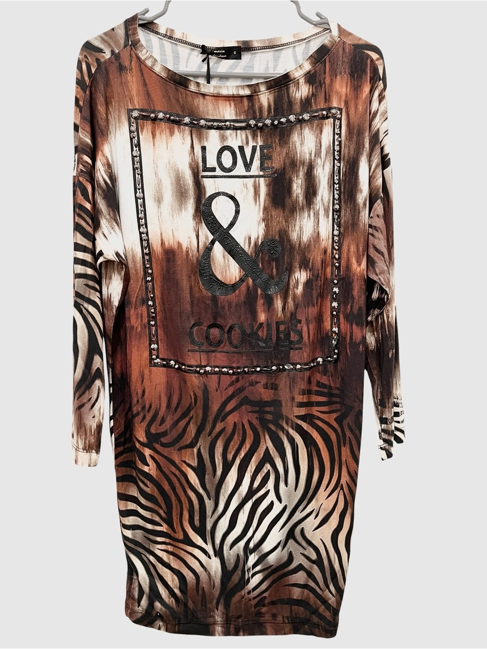 Maria Dondoca Brazil “LOVE & COOKIES" Brown and White Zebra Print Tunic NWT